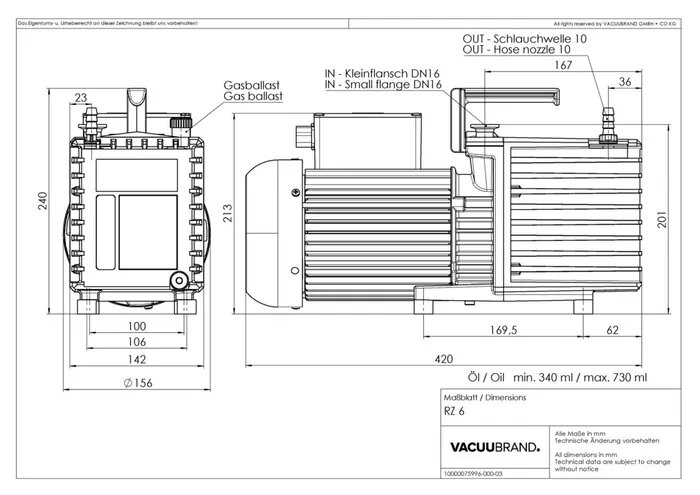 Vacuubrand RZ 6 olajrotációs vákuumszivattyú csomag olajköd szűrővel és VS 16 pillangószeleppel