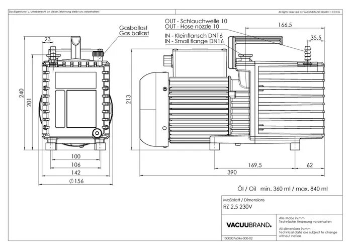 Vacuubrand RZ 2.5 olajrotációs vákuumszivattyú csomag olajköd szűrővel és VS 16 pillangószeleppel